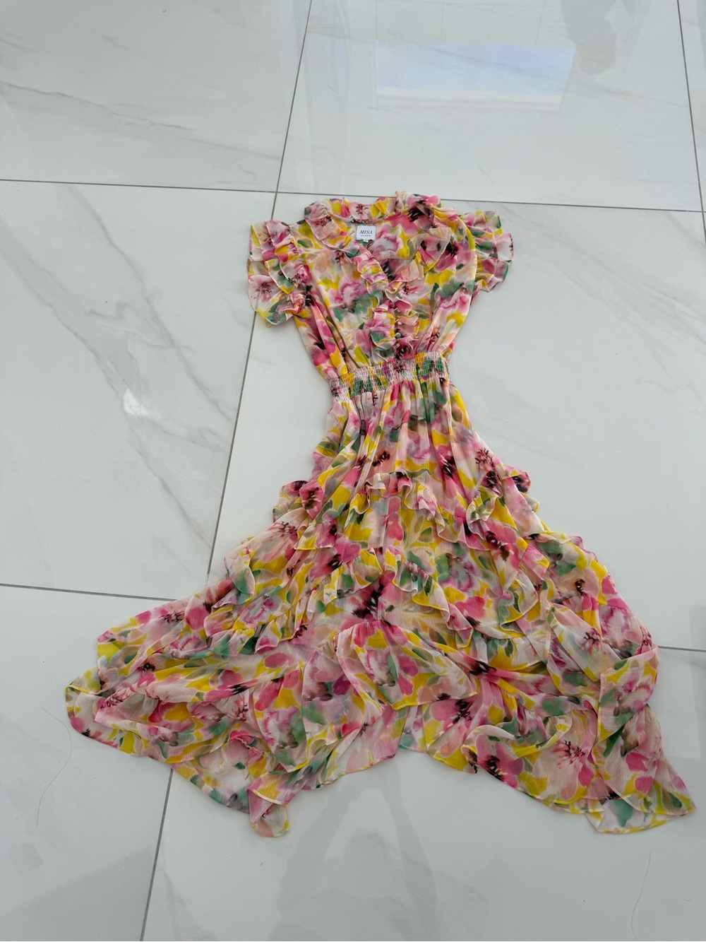 Misa Los Angeles Pink, Yellow & Green Floral Ruffle Maxi Dress